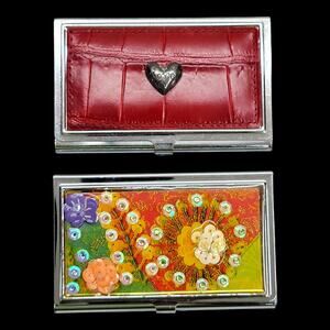 Vintage Brighton Red Croc Cigarette Case Metal Card Holder Set Floral Sequin 2pc